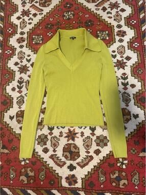 Express Ribbed Knit Collared V-Neck Long Sleeve Pullover Sweater Green XS